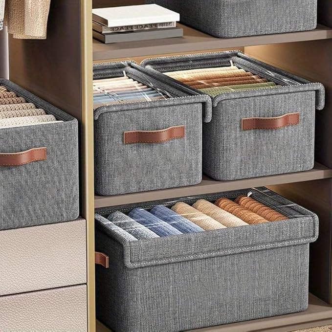 Folding Storage Boxes with Lid, Large Clear Collapsible Stackable Fabric Linen Storage Box Cubes, Closet Organizer Baskets with Labels for Home