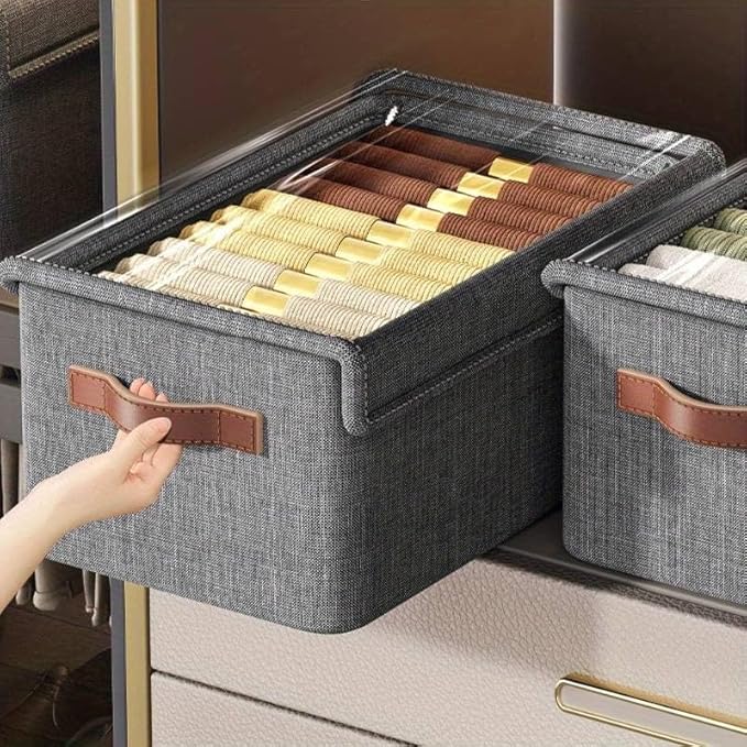 Folding Storage Boxes with Lid, Large Clear Collapsible Stackable Fabric Linen Storage Box Cubes, Closet Organizer Baskets with Labels for Home