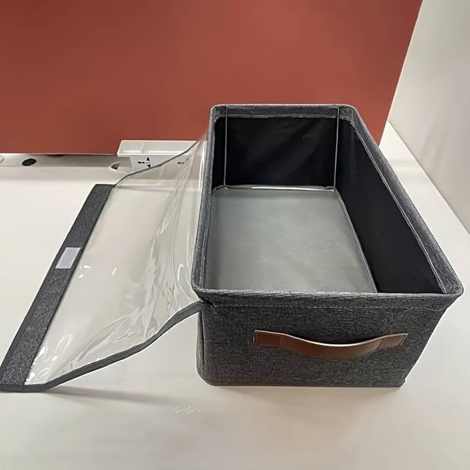 Folding Storage Boxes with Lid, Large Clear Collapsible Stackable Fabric Linen Storage Box Cubes, Closet Organizer Baskets with Labels for Home