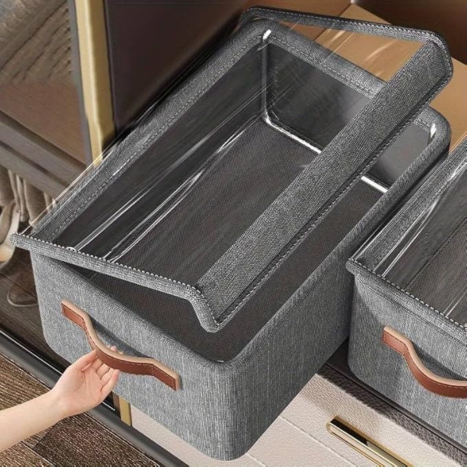 Folding Storage Boxes with Lid, Large Clear Collapsible Stackable Fabric Linen Storage Box Cubes, Closet Organizer Baskets with Labels for Home