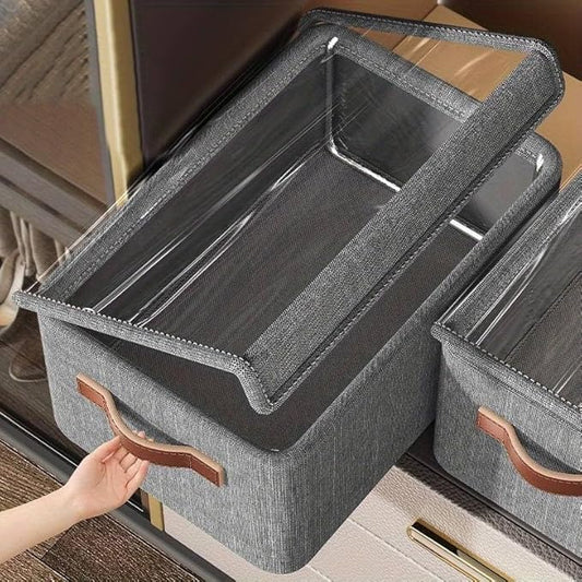 Folding Storage Boxes with Lid, Large Clear Collapsible Stackable Fabric Linen Storage Box Cubes, Closet Organizer Baskets with Labels for Home